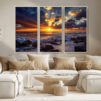 35900590-MGV-CV-36X24-Ocean Sunset Wall Art – Vivid Seascape Canvas Print with Sunburst Sky, Crashing Waves and Rocky Shore, Dramatic Coastal