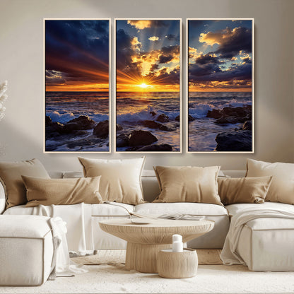 35900590-MGV-CV-36X24-Ocean Sunset Wall Art – Vivid Seascape Canvas Print with Sunburst Sky, Crashing Waves and Rocky Shore, Dramatic Coastal