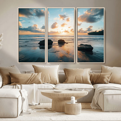 23879436-MGV-CV-36X24-Rocky Ocean Sunset Canvas Wall Art – Seaside Dramatic Seascape, Ocean Sunset Art Print for Coastal Modern Decor for Nature