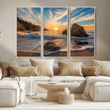 85659923-MGV-CV-36X24-Ocean Sunset Wall Art – Dramatic Seascape Canvas Print with Cliffs, Crashing Waves and Golden Sky, Bold Coastal Photography for