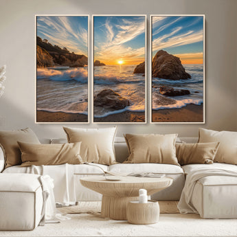 85659923-MGV-CV-36X24-Ocean Sunset Wall Art – Dramatic Seascape Canvas Print with Cliffs, Crashing Waves and Golden Sky, Bold Coastal Photography for