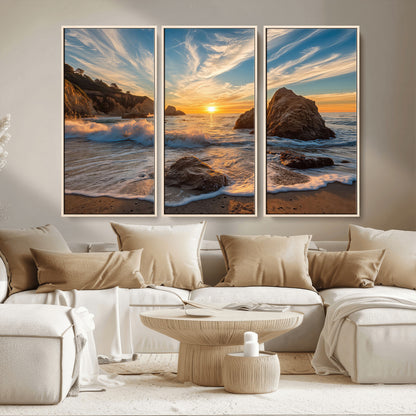 85659923-MGV-CV-36X24-Ocean Sunset Wall Art – Dramatic Seascape Canvas Print with Cliffs, Crashing Waves and Golden Sky, Bold Coastal Photography for