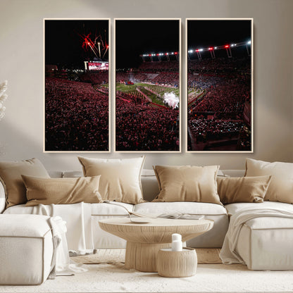 60690191-MGV-CV-36X24-Stadium Wall Art – Night Game Football Canvas Print with Fireworks, Marching Band and Crowd, Panoramic Sports Photography for Man