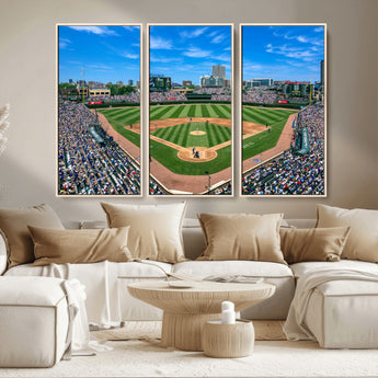 56213978-MGV-CV-36X24-Wrigley Field Baseball Stadium Canvas Wall Art – Packed Crowd Sports Stadium Print, City Skyline Baseball Field Canvas for Game