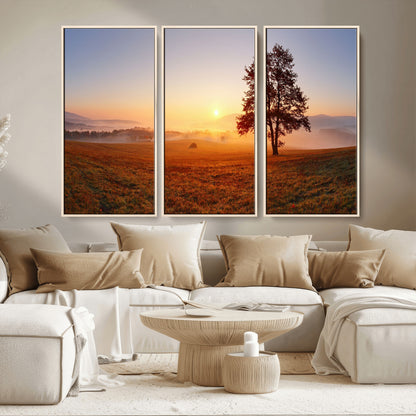 57919623-MGV-FC-48X32-3P_Natural-Sunrise Landscape Wall Art – Golden Morning Canvas Print with Tree, Misty Hills and Open Field, Peaceful Nature Photography for