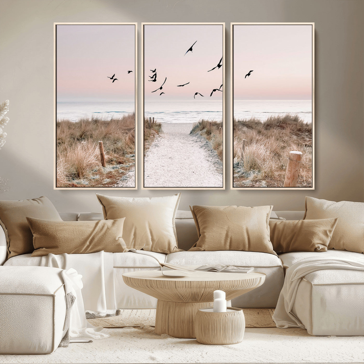 34632598-MGV-CV-36X24-Coastal Pathway Canvas Wall Art – Framed Seaside Landscape, Large Beach and Birds Canvas Print for Home, Office, or Living Room