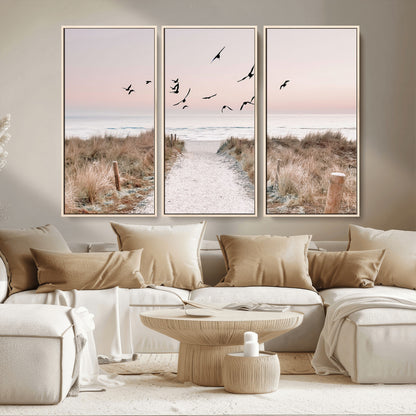 34632598-MGV-CV-36X24-Coastal Pathway Canvas Wall Art – Framed Seaside Landscape, Large Beach and Birds Canvas Print for Home, Office, or Living Room