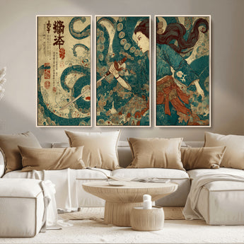 46837670-MGV-CV-36X24-Tsukioka Yoshitoshi Samurai Wall Art Print, Japanese Katana Warrior Canvas Wall Art, Octopus Sea Monster Canvas Print,