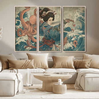 52037775-MGV-CV-36X24-Tsukioka Yoshitoshi Samurai Wall Art Print, Japanese Katana Warrior Canvas Wall Art, Octopus Sea Monster Canvas Print,