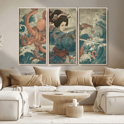 52037775-MGV-CV-36X24-Samurai Woman Wall Art – Japanese Ukiyo e Style Canvas Print with Katana, Ocean Waves and Octopus, Traditional Asian Inspired