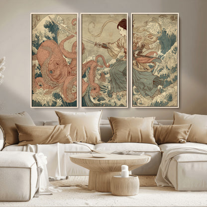 54879547-MGV-CV-36X24-Samurai Woman Wall Art – Japanese Ukiyo-e Style Canvas Print with Katana and Octopus, Traditional Asian Inspired Battle Artwork