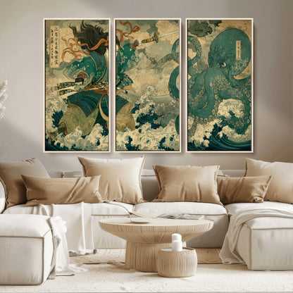 24416422-MGV-CV-36X24-Tsukioka Yoshitoshi Samurai Wall Art Print, Japanese Katana Warrior Canvas Wall Art, Octopus Sea Monster Canvas Print,