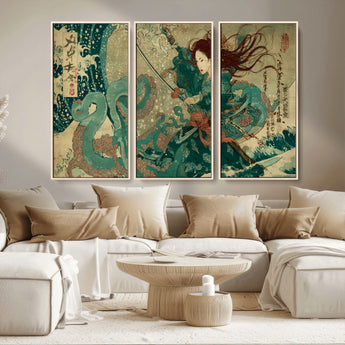 86918027-MGV-CV-36X24-Tsukioka Yoshitoshi Samurai Wall Art Print, Japanese Katana Warrior Canvas Wall Art, Octopus Sea Monster Canvas Print,