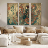 98593115-MGV-CV-36X24-Samurai Warrior vs Octopus Wall Art – Japanese Ukiyo-e Calligraphy Canvas Print, Ocean Battle Scene Artwork for Living Room,