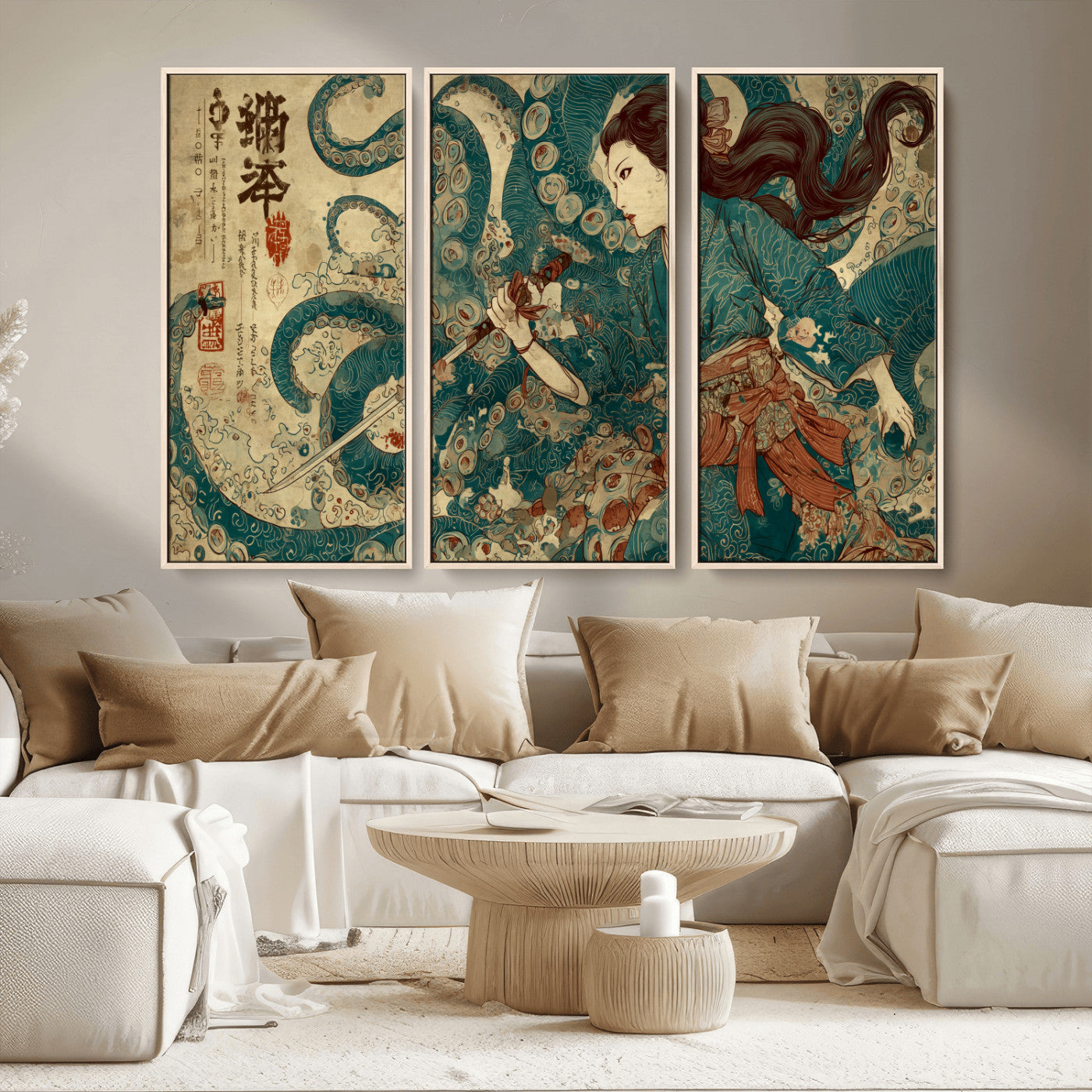 18575670-MGV-CV-36X24-Samurai Woman vs Octopus Wall Art – Japanese Ukiyo-e Ocean Battle Canvas Print, Traditional Warrior Artwork for Living Room,
