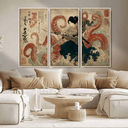 50812504-MGV-FC-48X32-3P_Natural-Samurai Woman vs Octopus Wall Art – Japanese Ukiyo-e Red Tentacle Canvas Print, Ocean Battle Artwork for Living Room, Office, Man