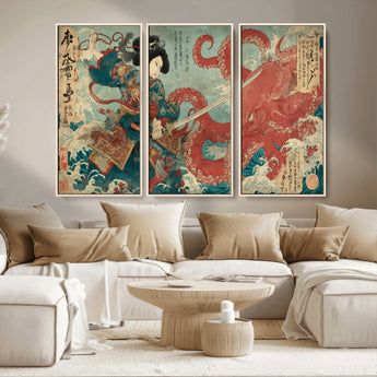68844327-MGV-CV-36X24-Tsukioka Yoshitoshi Samurai Wall Art Print, Japanese Katana Warrior Canvas Wall Art, Octopus Sea Monster Canvas Print,