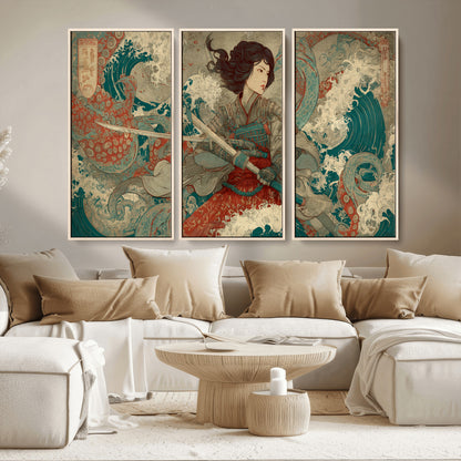 63377977-MGV-CV-36X24-Tsukioka Yoshitoshi Samurai Wall Art Print, Japanese Katana Warrior Canvas Wall Art, Octopus Sea Monster Canvas Print,