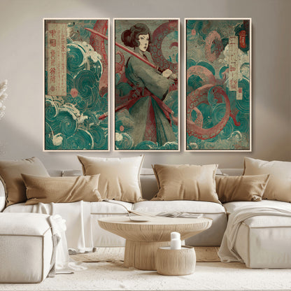 91666601-MGV-CV-36X24-Samurai Woman vs Octopus Wall Art – Japanese Ukiyo-e Green Robe Canvas Print, Ocean Battle Artwork for Living Room, Office, Man