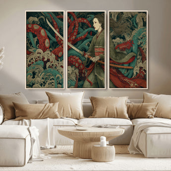 18902796-MGV-CV-36X24-Samurai Woman vs Octopus Wall Art – Japanese Ukiyo-e Green Kimono Canvas Print, Ocean Battle Scene Artwork for Living Room,