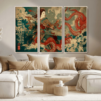 60201267-MGV-CV-36X24-Samurai Woman vs Octopus Wall Art – Japanese Ukiyo-e Armor Canvas Print, Red Tentacle Ocean Battle Artwork for Living Room,