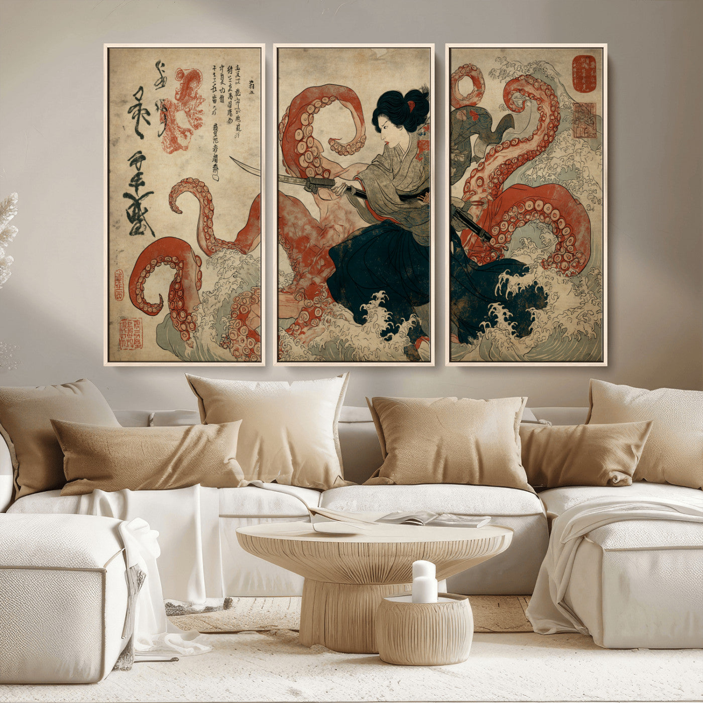 82737246-MGV-CV-36X24-Samurai Woman vs Octopus Wall Art – Japanese Ukiyo-e Dual Sword Canvas Print, Red Tentacle Ocean Battle Artwork for Living Room,