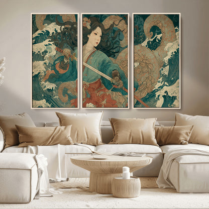 79740258-MGV-CV-36X24-Tsukioka Yoshitoshi Samurai Wall Art Print, Japanese Katana Warrior Canvas Wall Art, Octopus Sea Monster Canvas Print,