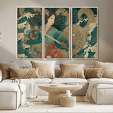 79740258-MGV-CV-36X24-Samurai Woman vs Octopus Wall Art – Japanese Ukiyo-e Blue Kimono Canvas Print, Ocean Battle Artwork for Living Room, Office, Man