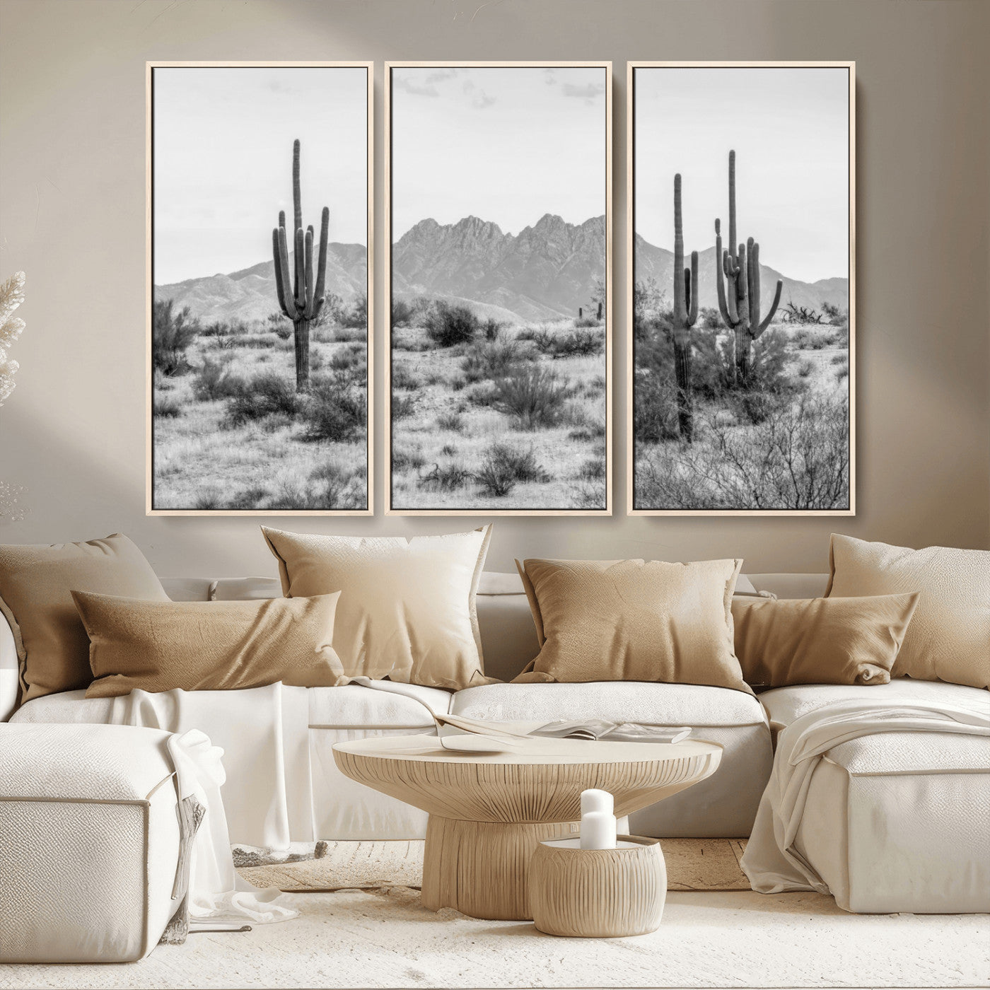 97436PHN-MGV-CV-36X24-Desert Landscape Wall Art – Black and White Cactus and Mountain Canvas Print, Southwestern Nature Photography for Living Room,