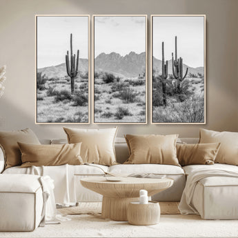 97436PHN-MGV-CV-36X24-Desert Landscape Wall Art – Black and White Cactus and Mountain Canvas Print, Southwestern Nature Photography for Living Room,