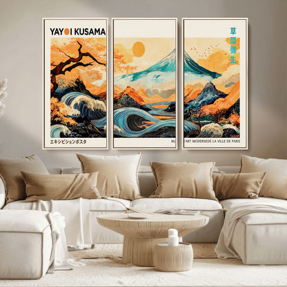 94085549-MGV-CV-36X24-Yayoi Kusama Inspired Japanese Landscape Art Print – Vibrant Mount Fuji, Waves & Autumn Trees, Modern Decorative Poster for