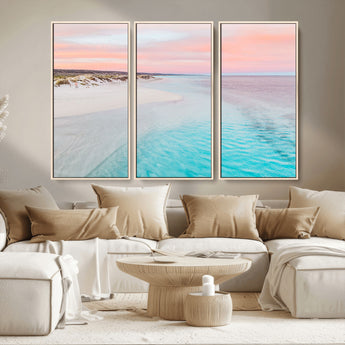 41613614-MGV-FC-48X32-3P_Natural-Beach Sunset Wall Art – Pastel Ocean Canvas Print, Turquoise Water and Pink Sky Photography Decor for Bedroom, Living Room, Office