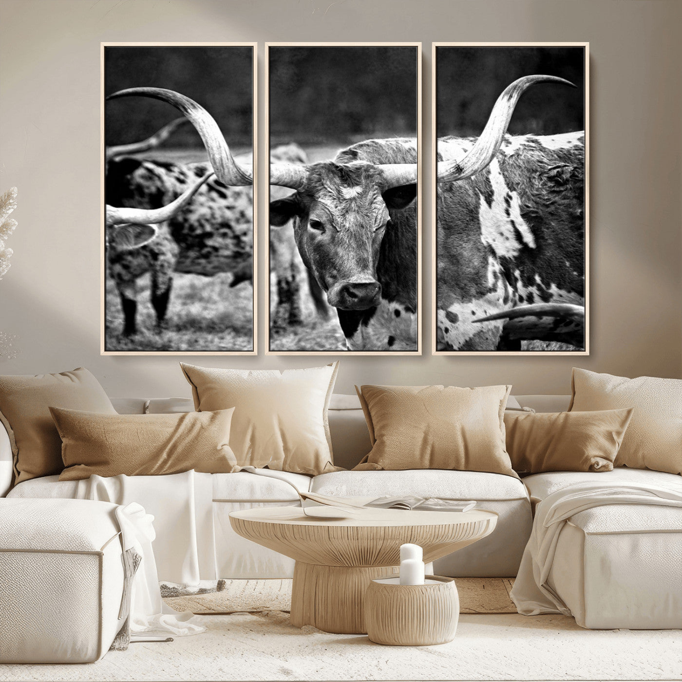 15425553-MGV-CV-36X24-Western Wall Art – Longhorn Cattle Black and White Canvas Print, Rustic Ranch Photography Decor for Bedroom, Living Room, Office,