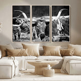 15425553-MGV-CV-36X24-Western Wall Art – Longhorn Cattle Black and White Canvas Print, Rustic Ranch Photography Decor for Bedroom, Living Room, Office,