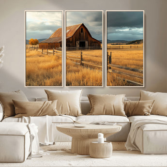 16480179-MGV-CV-36X24-Farmhouse Wall Art – Rustic Barn and Golden Field Canvas Print, Country Landscape Photography Decor for Bedroom, Living Room,