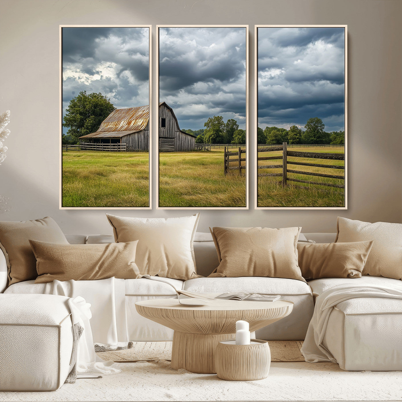 39409517-MGV-CV-36X24-Rustic Barn Wall Art – Weathered Farmhouse and Storm Clouds Canvas Print, Country Landscape Photography Decor for Bedroom, Living