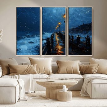 48300530-MGV-CV-36X24-Dark Stormy Pier Canvas Wall Art – Moody Ocean Night Scene with Street Lamps, Blue Coastal Seascape Print for Bedroom, Office, or