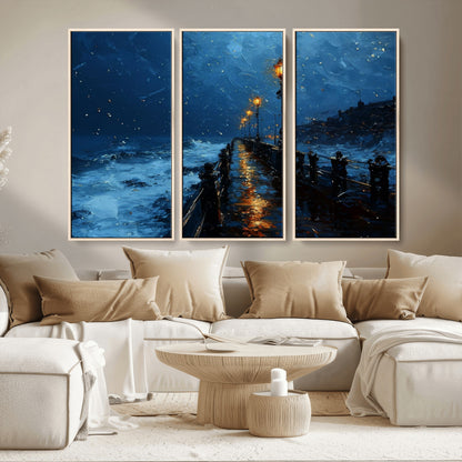 48300530-MGV-FC-48X32-3P_Natural-Night Pier Wall Art – Moody Ocean Boardwalk Canvas Print, Impressionist Coastal Seascape Painting Decor for Living Room, Office,