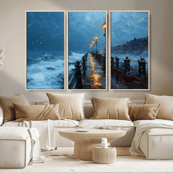 93793246-MGV-CV-36X24-Stormy Night Pier Canvas Wall Art – Moody Ocean Landscape with Lights, Blue Coastal Seascape Print for Bedroom, Living Room,