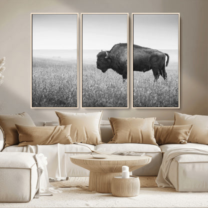 90861202-MGV-CV-36X24-Black and White Bison Canvas Wall Art – Rustic American Buffalo Print, Western Wildlife Photography for Farmhouse, Cabin, Office