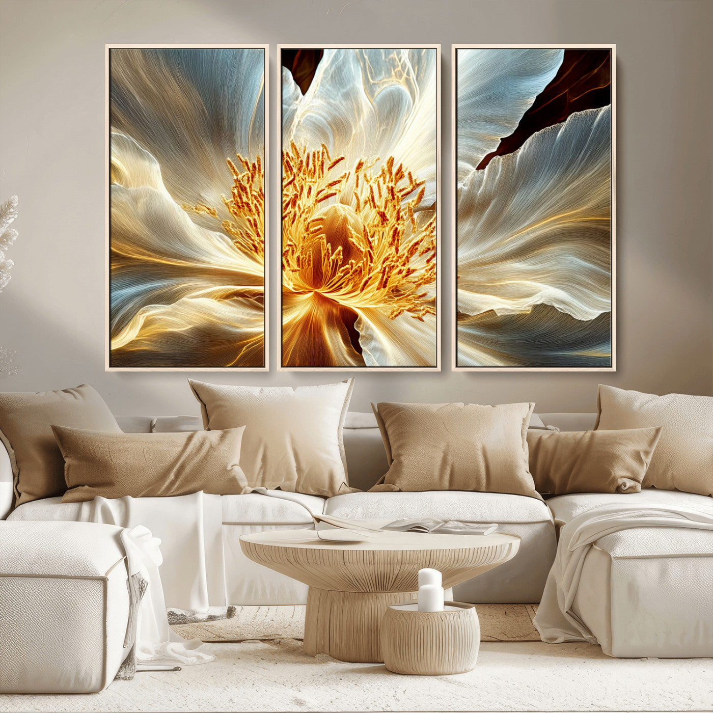 20862576-MGV-CV-36X24-Golden Abstract Flower Canvas Wall Art – Modern Botanical Bloom Print, Elegant Floral Artwork for Living Room, Bedroom, Office