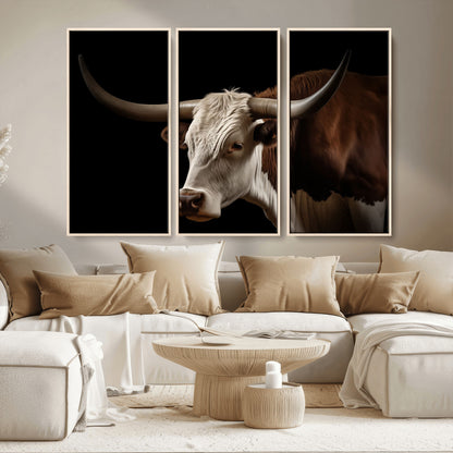 27414857-MGV-CV-36X24-Longhorn Bull Wall Art – Dramatic Western Steer Portrait Canvas Print, Rustic Farmhouse Animal Decor for Living Room, Office, or