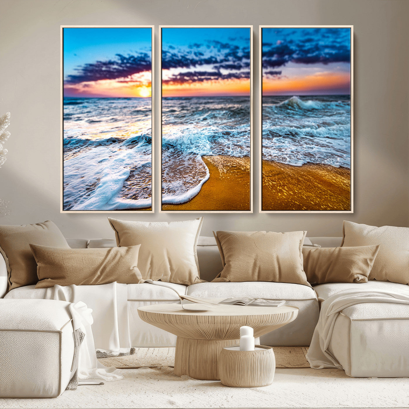 24077769-MGV-CV-36X24-Sunset Beach Wall Art – Ocean Waves Canvas Print, Golden Shoreline Photography Coastal Decor for Living Room, Bedroom, Office,