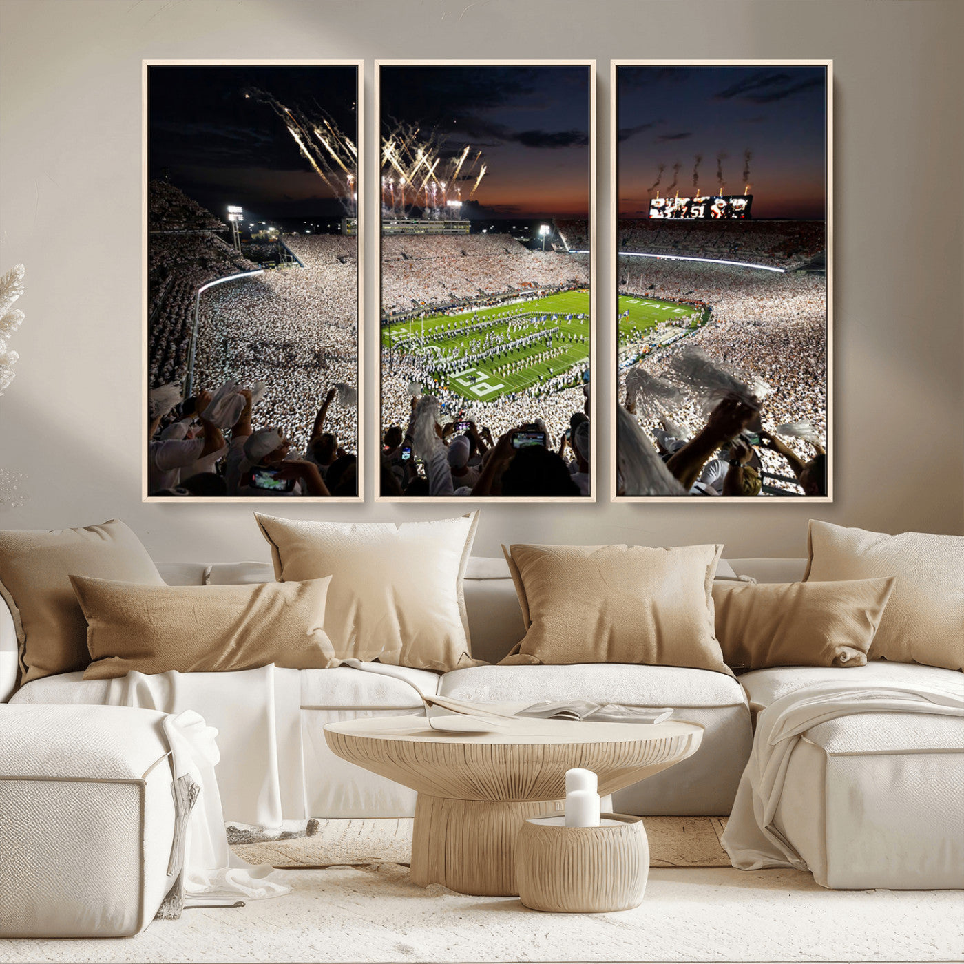 11221988-MGV-CV-36X24-Football Stadium Wall Art – Game Day Crowd with Fireworks, Sports Fan Photography Print, Stadium Decor for Man Cave, Bar, or