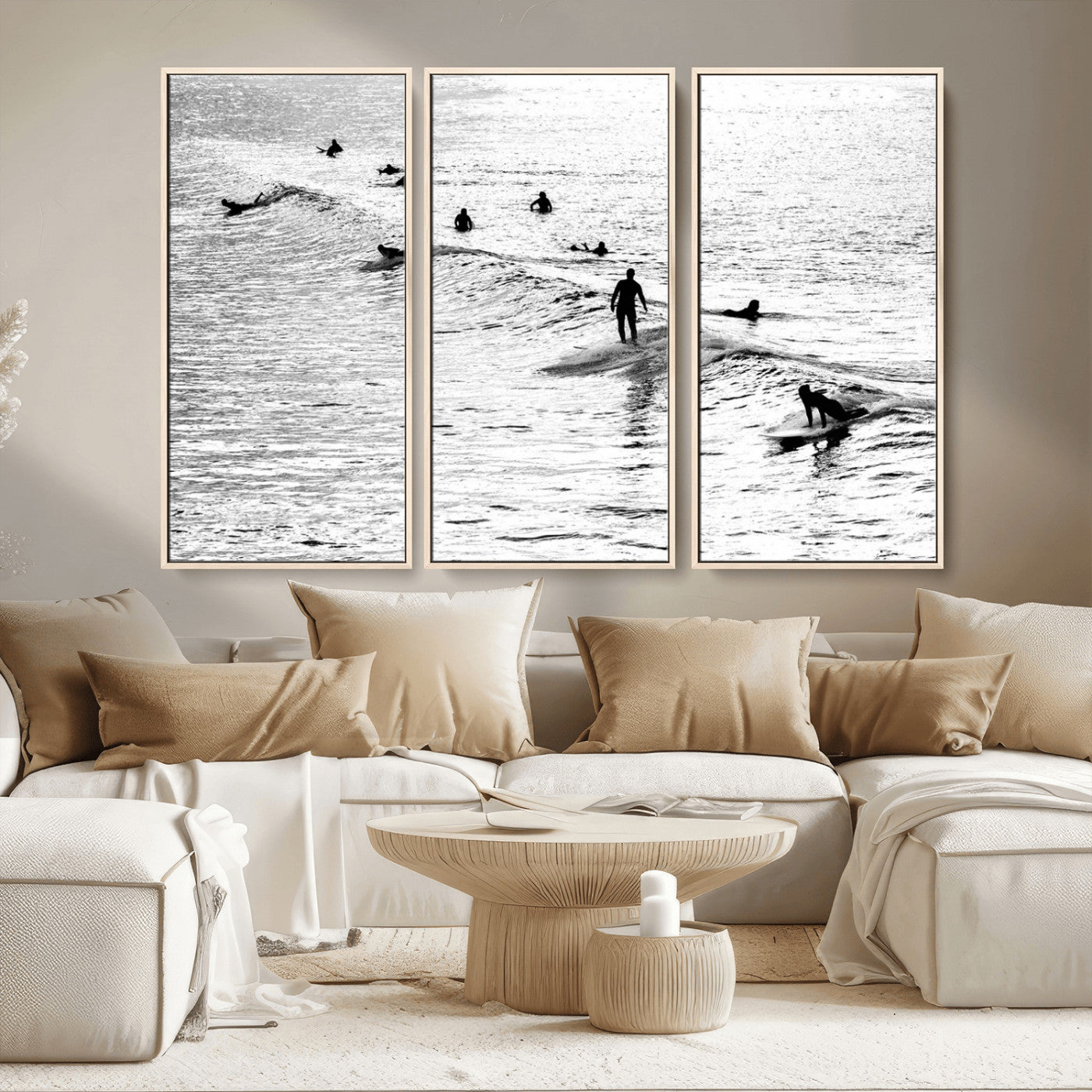 68018616-MGV-FC-48X32-3P_Natural-Black and White Surf Photography Print – Minimalist Ocean Wall Art, Surfers Riding Waves, Coastal Beach Decor for Modern Home or