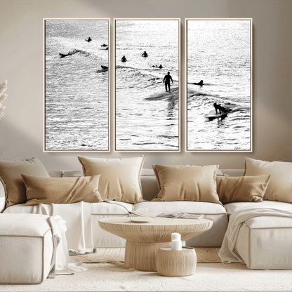68018616-MGV-FC-48X32-3P_Natural-Black and White Surf Photography Print – Minimalist Ocean Wall Art, Surfers Riding Waves, Coastal Beach Decor for Modern Home or