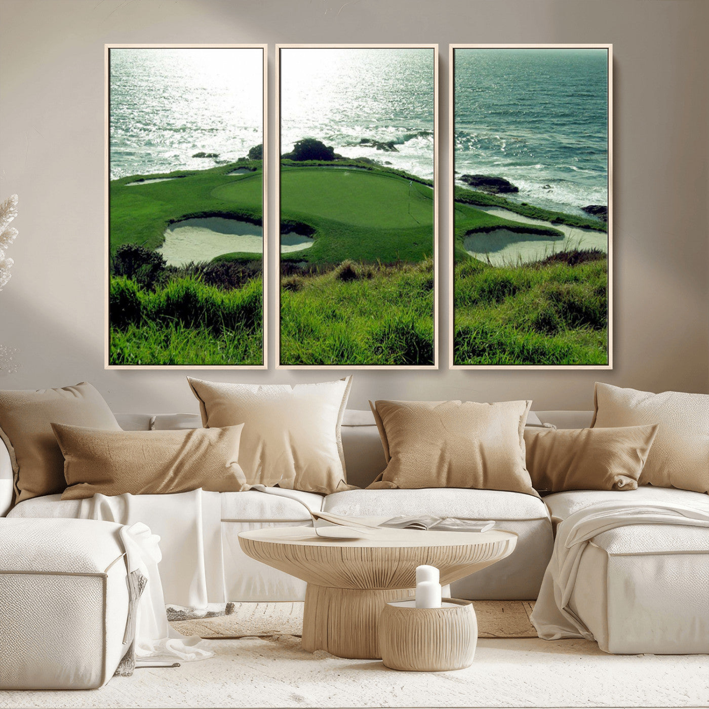 48473947-MGV-CV-36X24-Ocean Golf Course Wall Art – Panoramic Green Fairway Canvas Print, Coastal Golf Landscape Photography Sports Decor for Office, Man