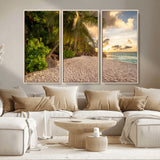 89531159-MGV-CV-36X24-Tropical Beach Sunset Canvas Wall Art – Palm Trees Golden Sand Ocean Waves Coastal Paradise Print for Beach House Bedroom Bathroom
