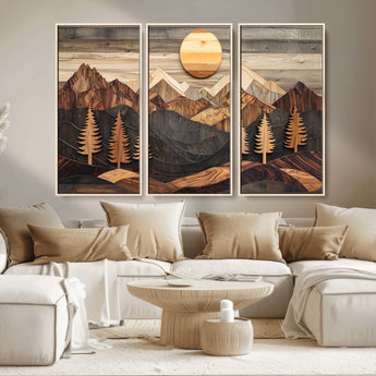 90044381-MGV-CV-36X24-Rustic Wall Art – Wooden Mountain Landscape with Sun and Pine Trees, Handcrafted Nature Canvas Style Decor for Bedroom, Living