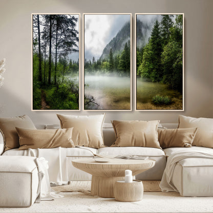93123937-MGV-FC-48X32-3P_Natural-Landscape Wall Art – Misty Mountain Lake Canvas Print, Tranquil Forest and Waterfall Photography Decor for Bedroom, Living Room,